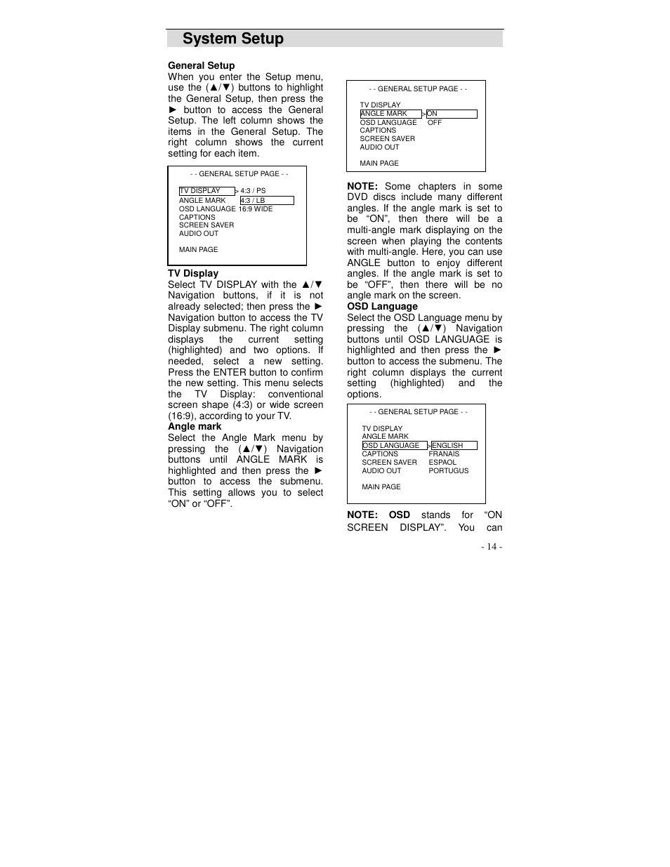 System setup | Polaroid DVP 500 User Manual | Page 15 / 30