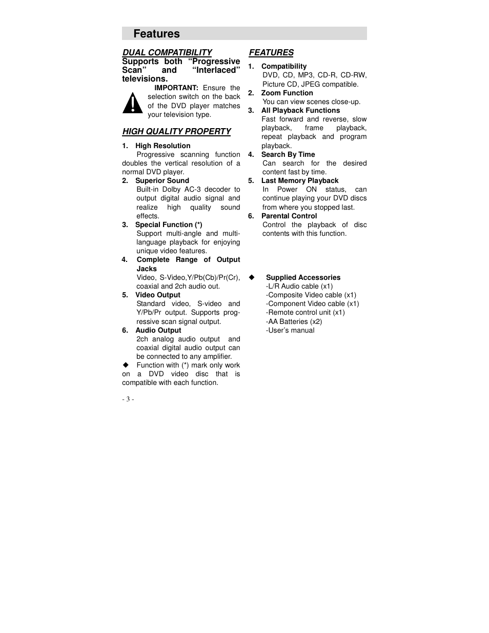 Features | Polaroid DVP 500 User Manual | Page 4 / 30