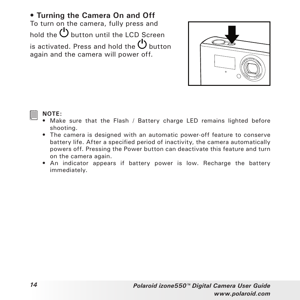 Turning the camera on and off | Polaroid izone550 User Manual | Page 14 / 95