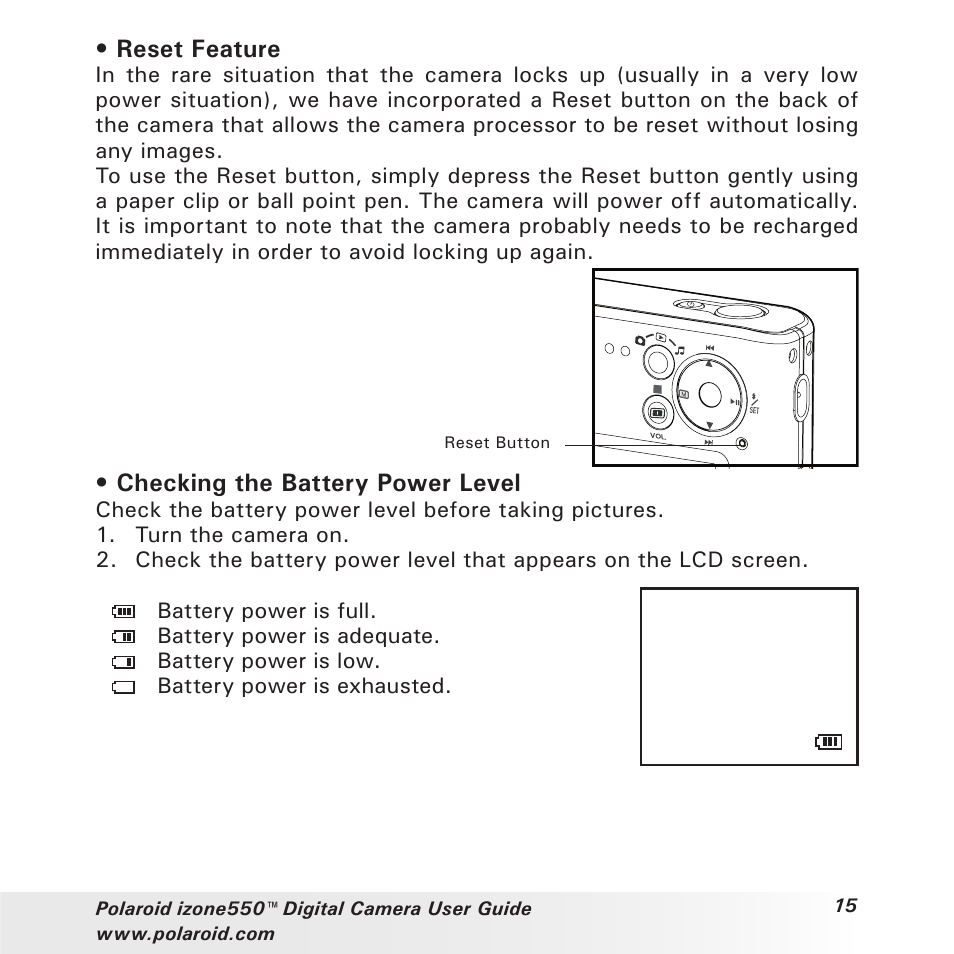 Reset feature, Checking the battery power level | Polaroid izone550 User Manual | Page 15 / 95