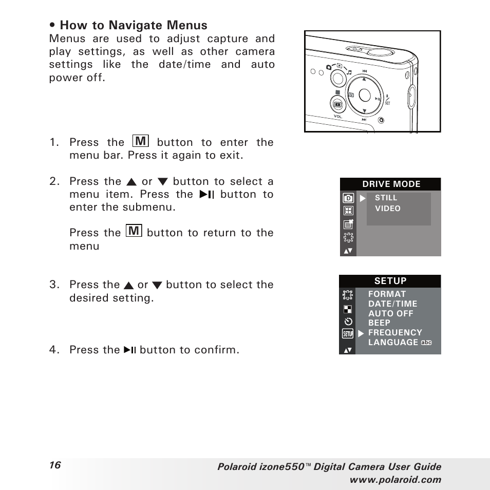 How to navigate menus | Polaroid izone550 User Manual | Page 16 / 95