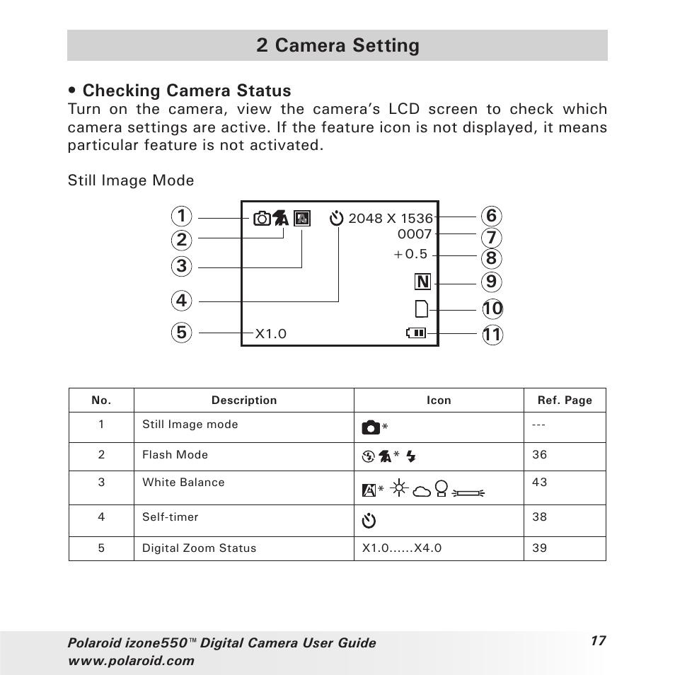 2 camera setting, Checking camera status | Polaroid izone550 User Manual | Page 17 / 95