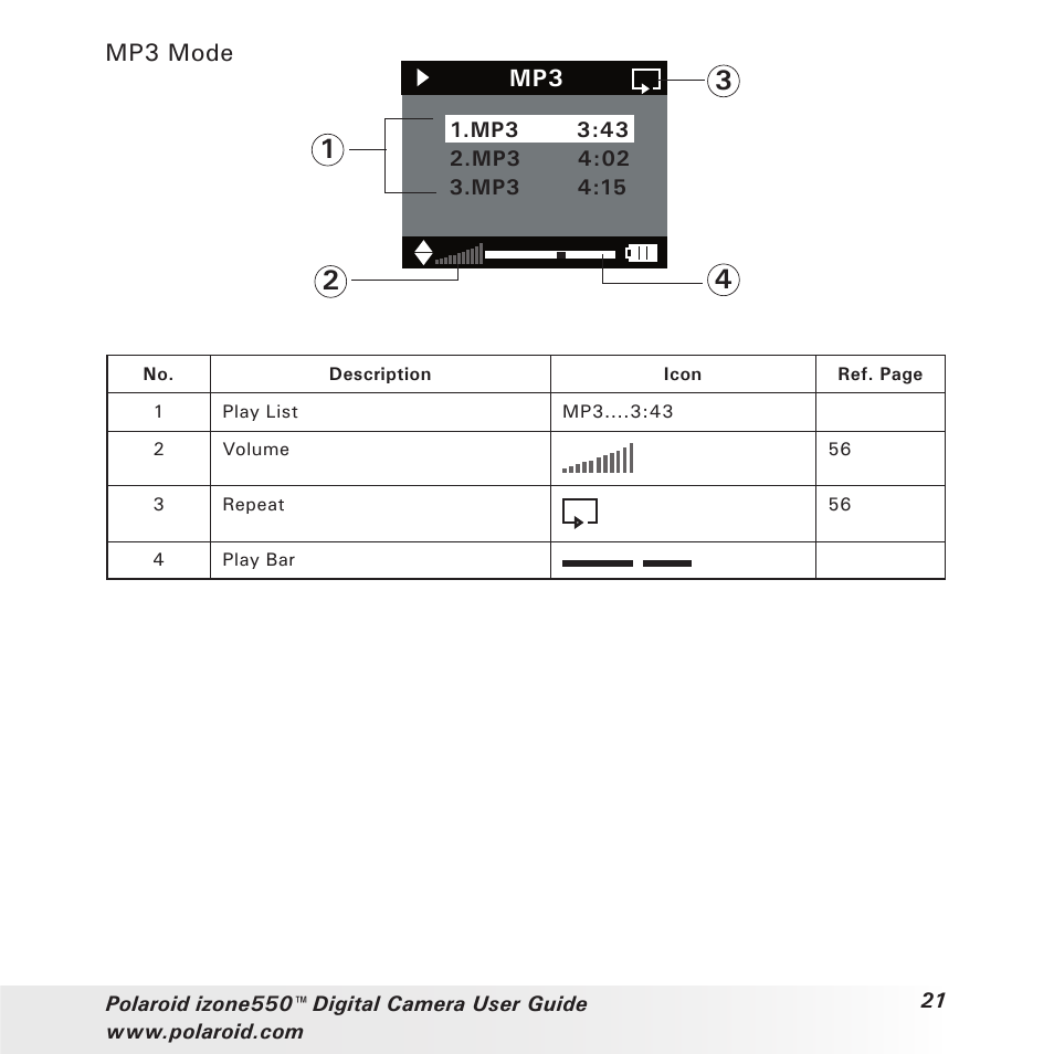 Mp3 mode mp3 | Polaroid izone550 User Manual | Page 21 / 95