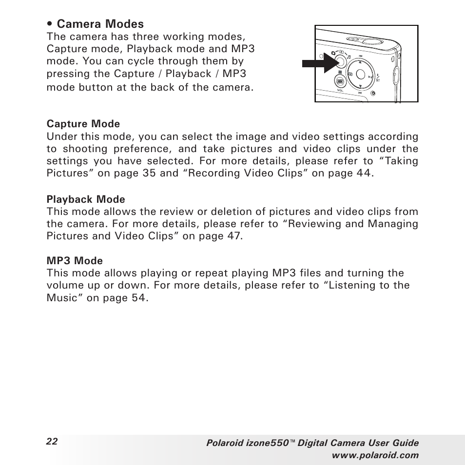 Camera modes | Polaroid izone550 User Manual | Page 22 / 95