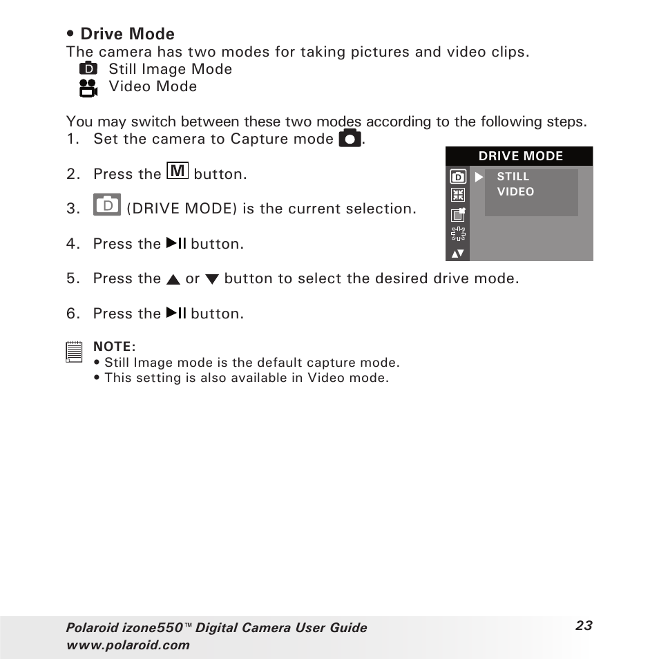 Drive mode | Polaroid izone550 User Manual | Page 23 / 95