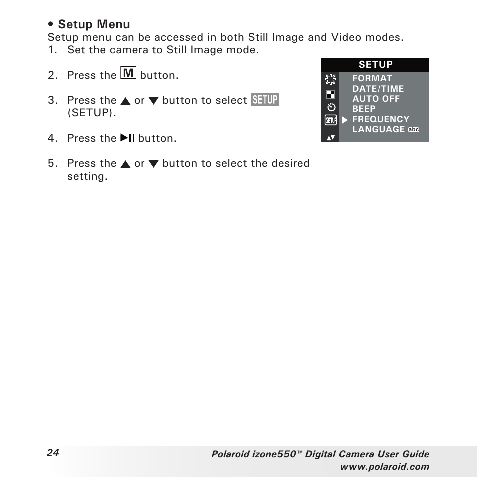 Setup menu | Polaroid izone550 User Manual | Page 24 / 95