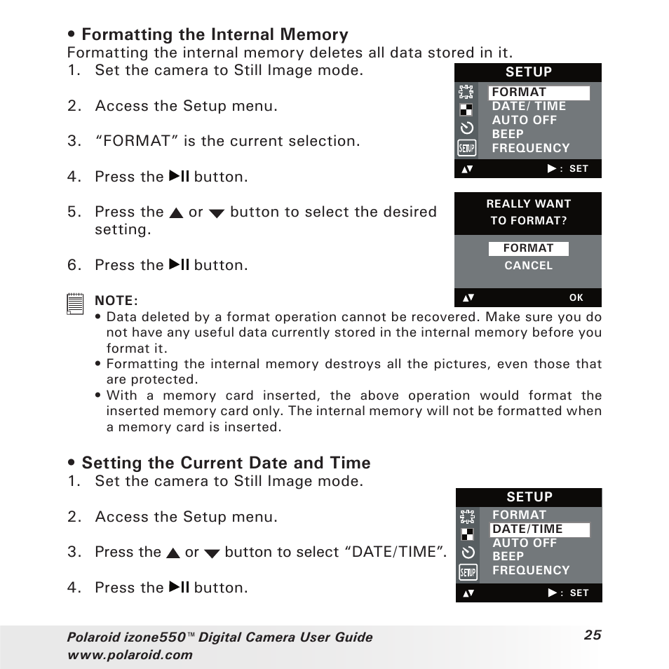 Setting the current date and time | Polaroid izone550 User Manual | Page 25 / 95