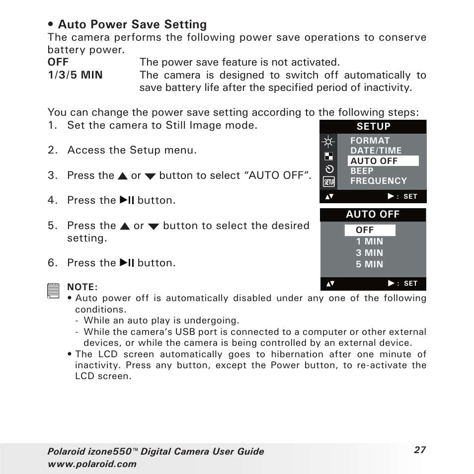 Auto power save setting | Polaroid izone550 User Manual | Page 27 / 95