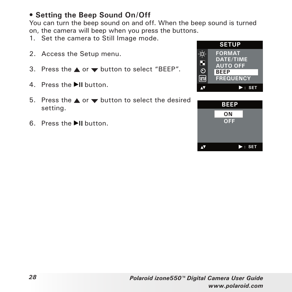 Setting the beep sound on/off | Polaroid izone550 User Manual | Page 28 / 95