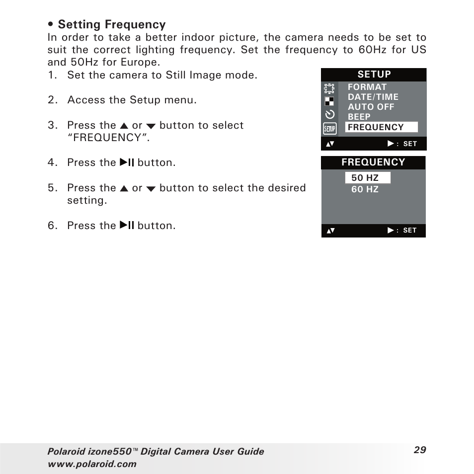 Setting frequency | Polaroid izone550 User Manual | Page 29 / 95