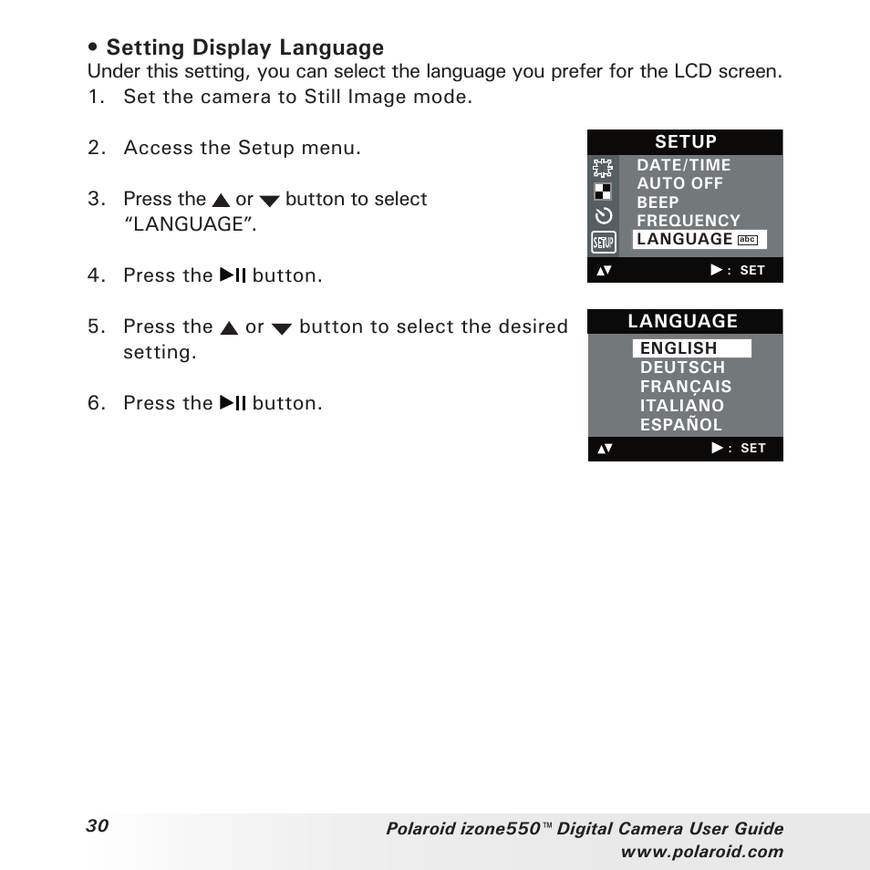 Setting display language | Polaroid izone550 User Manual | Page 30 / 95