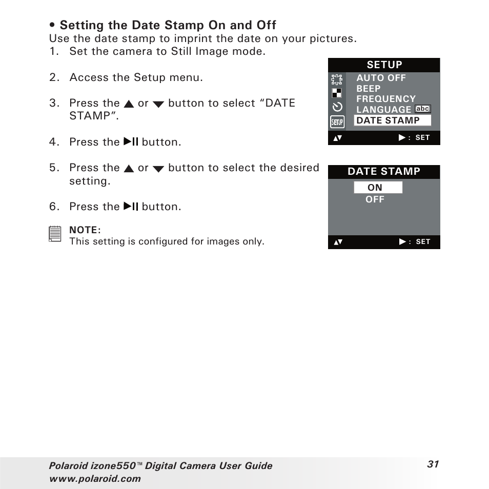 Setting the date stamp on and off | Polaroid izone550 User Manual | Page 31 / 95