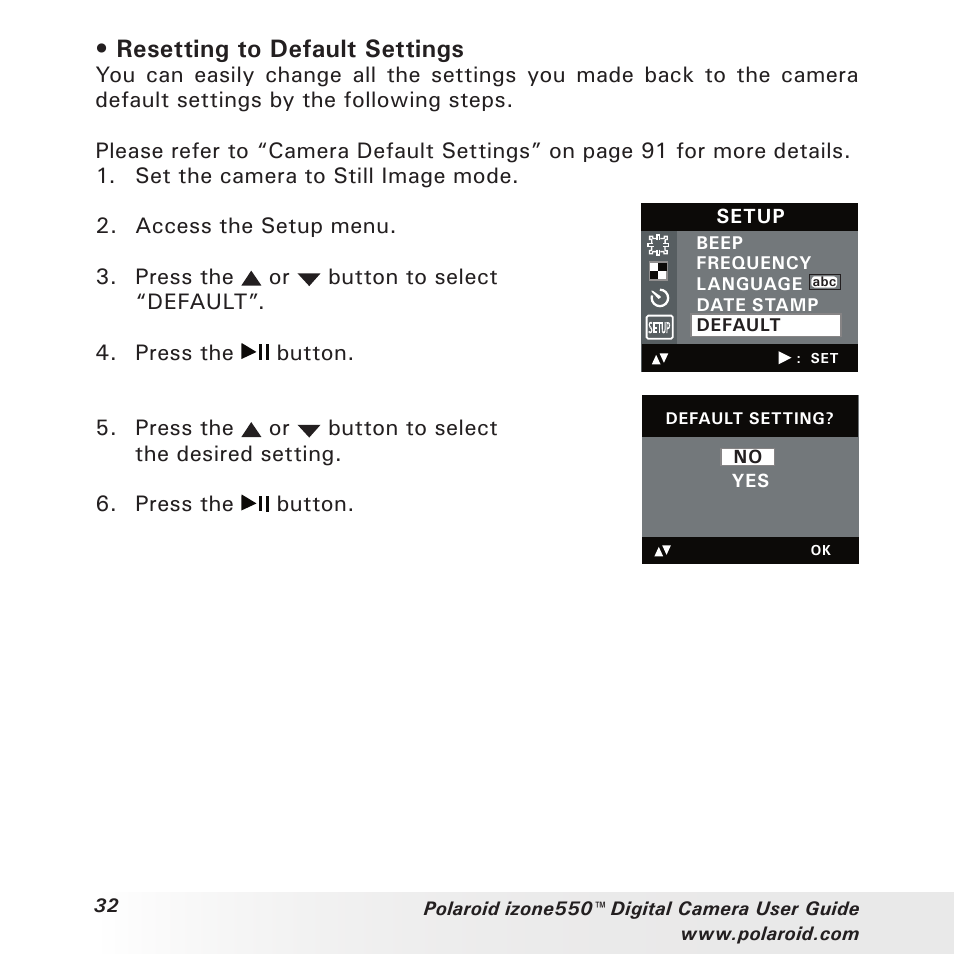 Resetting to default settings | Polaroid izone550 User Manual | Page 32 / 95