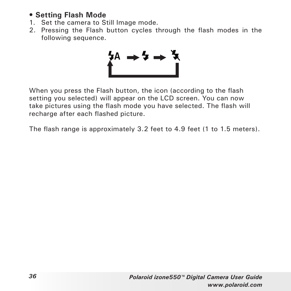 Setting flash mode | Polaroid izone550 User Manual | Page 36 / 95