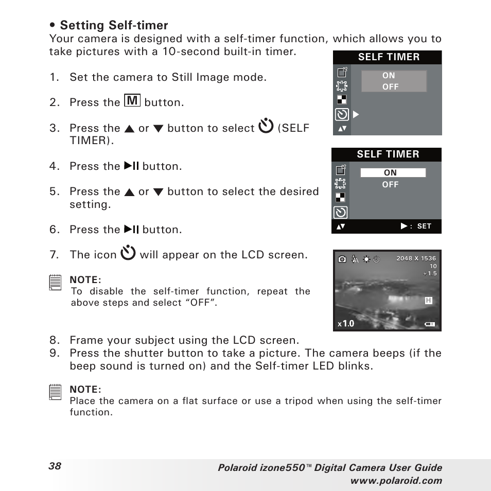 Setting self-timer | Polaroid izone550 User Manual | Page 38 / 95