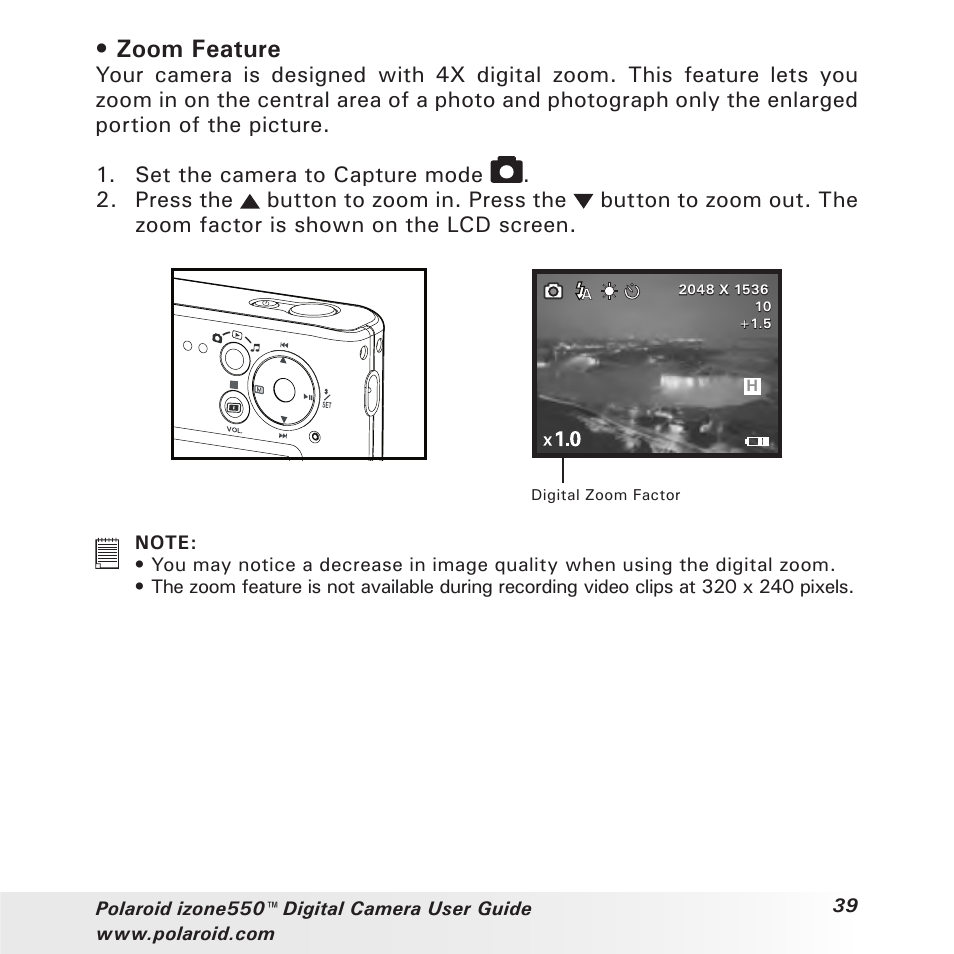 Zoom feature | Polaroid izone550 User Manual | Page 39 / 95