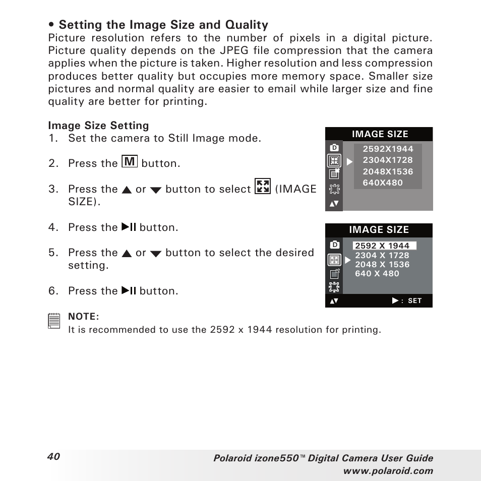 Setting the image size and quality | Polaroid izone550 User Manual | Page 40 / 95