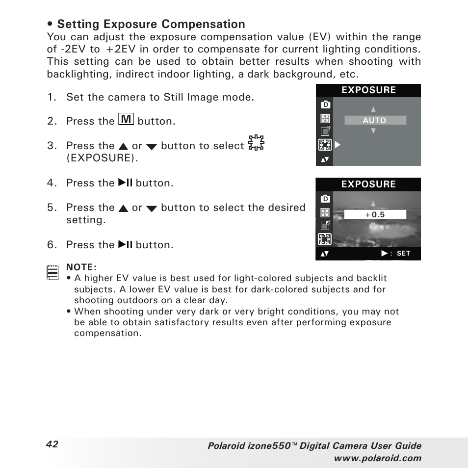 Setting exposure compensation | Polaroid izone550 User Manual | Page 42 / 95