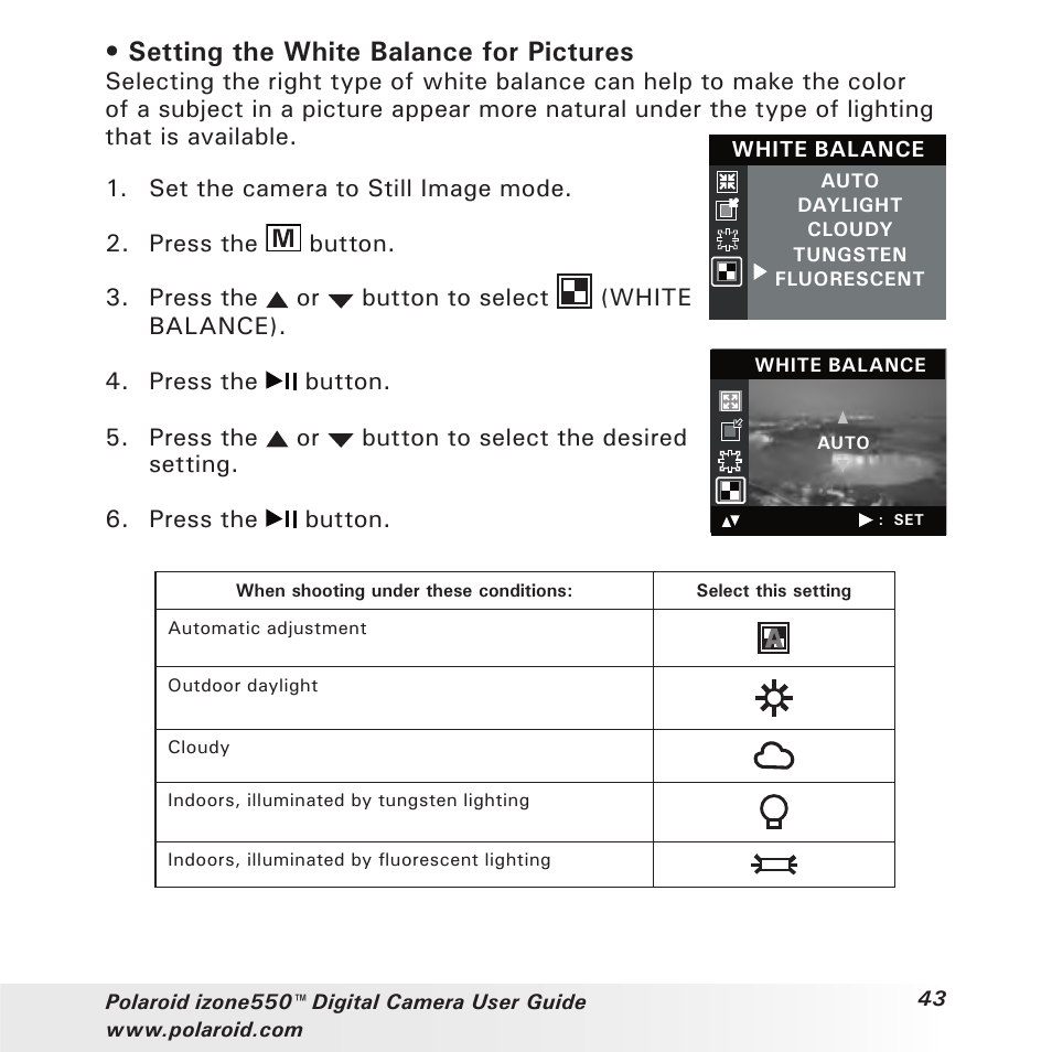 Setting the white balance for pictures | Polaroid izone550 User Manual | Page 43 / 95