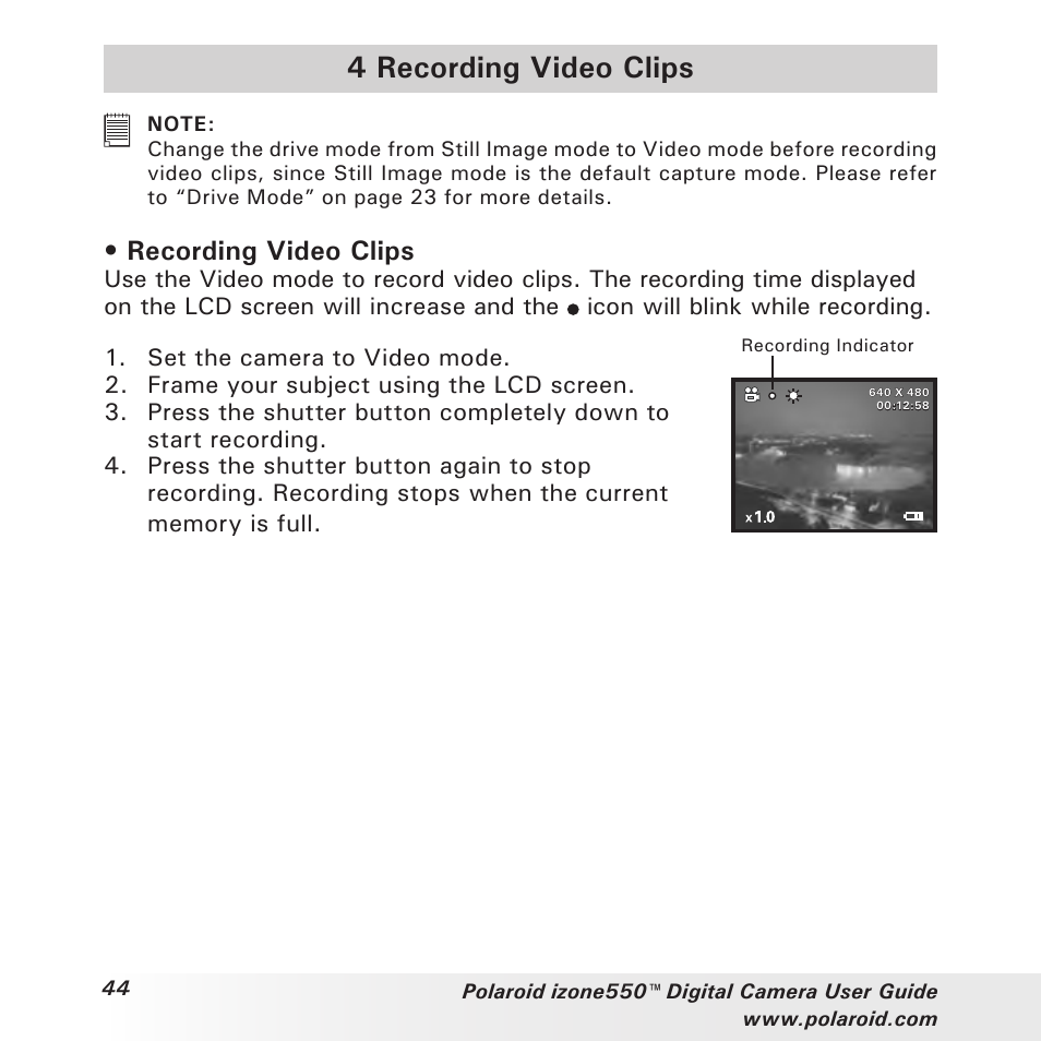 4 recording video clips, Recording video clips | Polaroid izone550 User Manual | Page 44 / 95