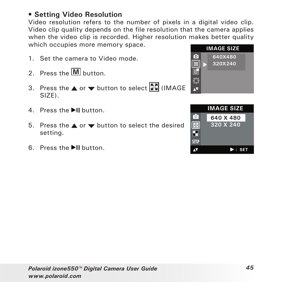 Setting video resolution | Polaroid izone550 User Manual | Page 45 / 95