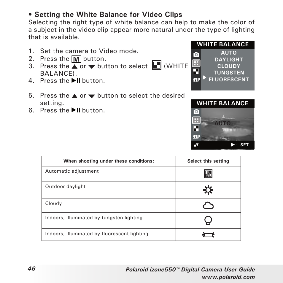 Setting the white balance for video clips | Polaroid izone550 User Manual | Page 46 / 95