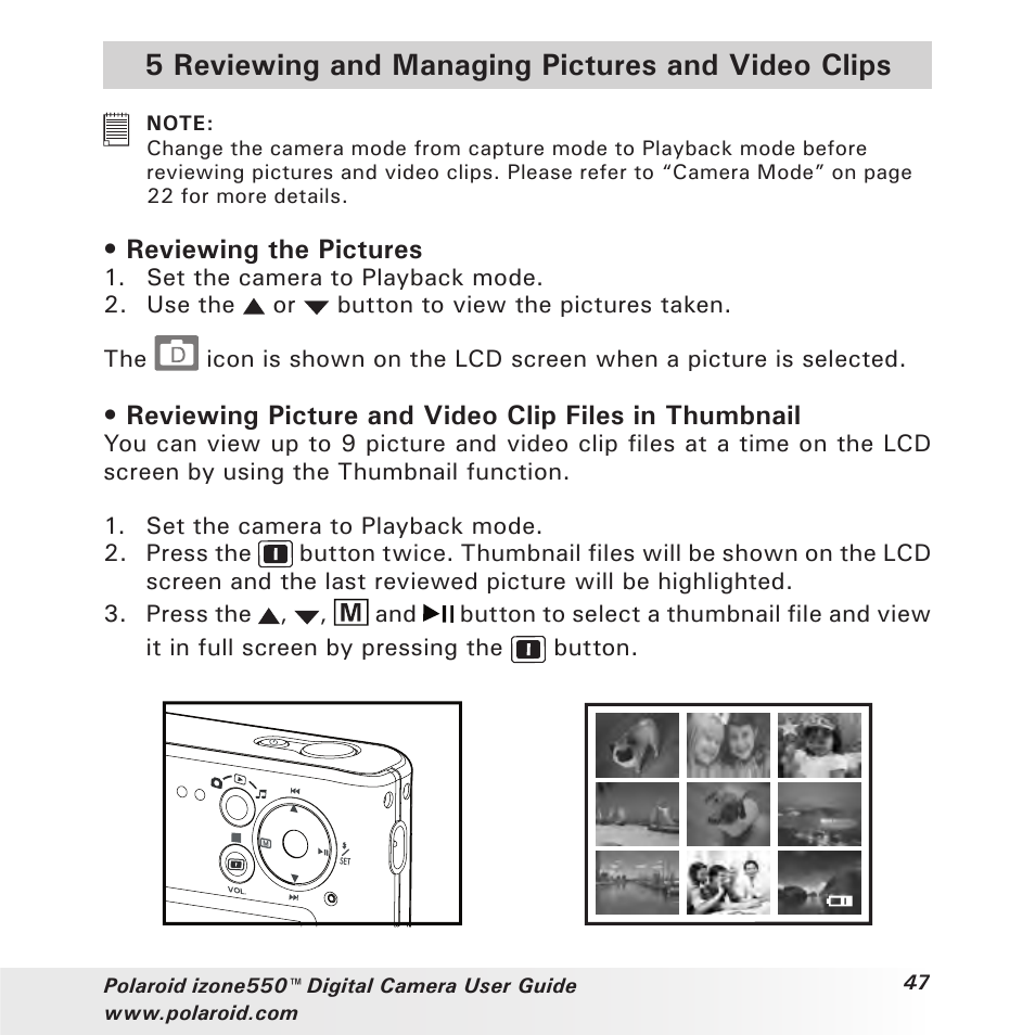 5 reviewing and managing pictures and video clips, Reviewing the pictures | Polaroid izone550 User Manual | Page 47 / 95