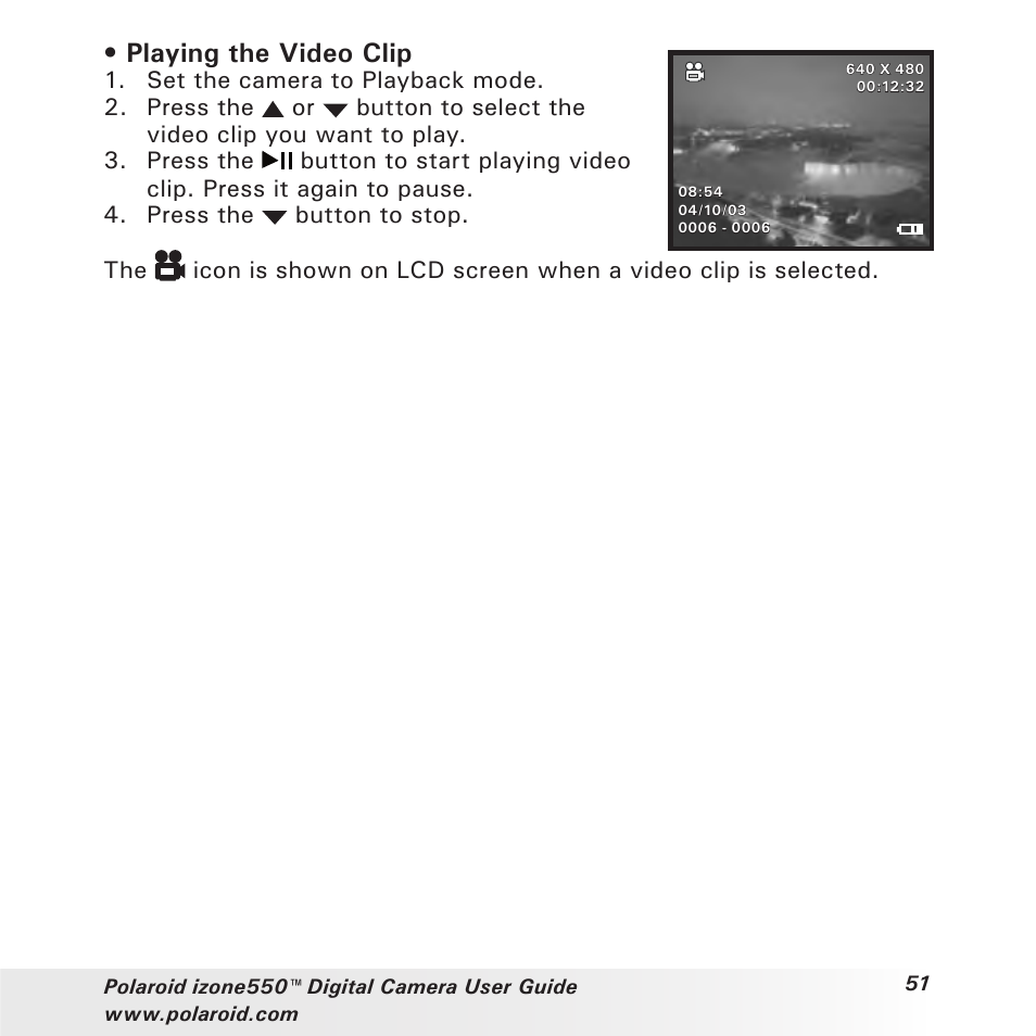 Playing the video clip | Polaroid izone550 User Manual | Page 51 / 95