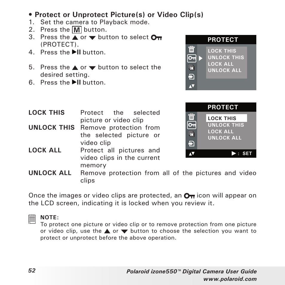 Protect or unprotect picture(s) or video clip(s) | Polaroid izone550 User Manual | Page 52 / 95