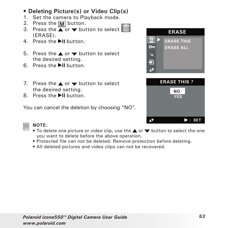 Deleting picture(s) or video clip(s) | Polaroid izone550 User Manual | Page 53 / 95