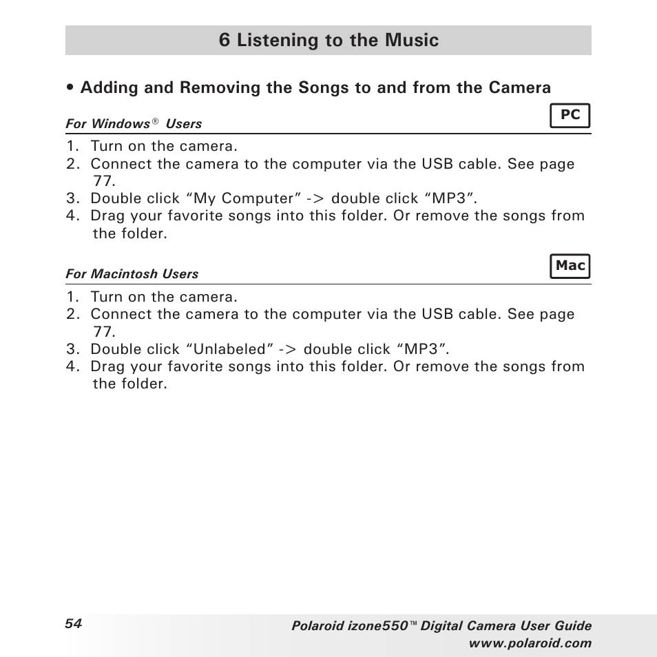 6 listening to the music | Polaroid izone550 User Manual | Page 54 / 95