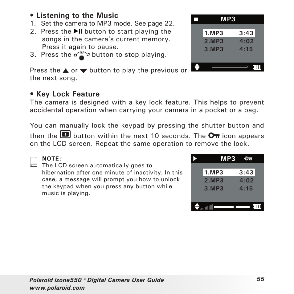 Listening to the music, Key lock feature | Polaroid izone550 User Manual | Page 55 / 95