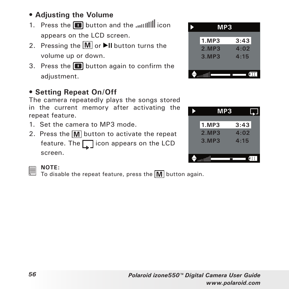 Adjusting the volume, Setting repeat on/off | Polaroid izone550 User Manual | Page 56 / 95