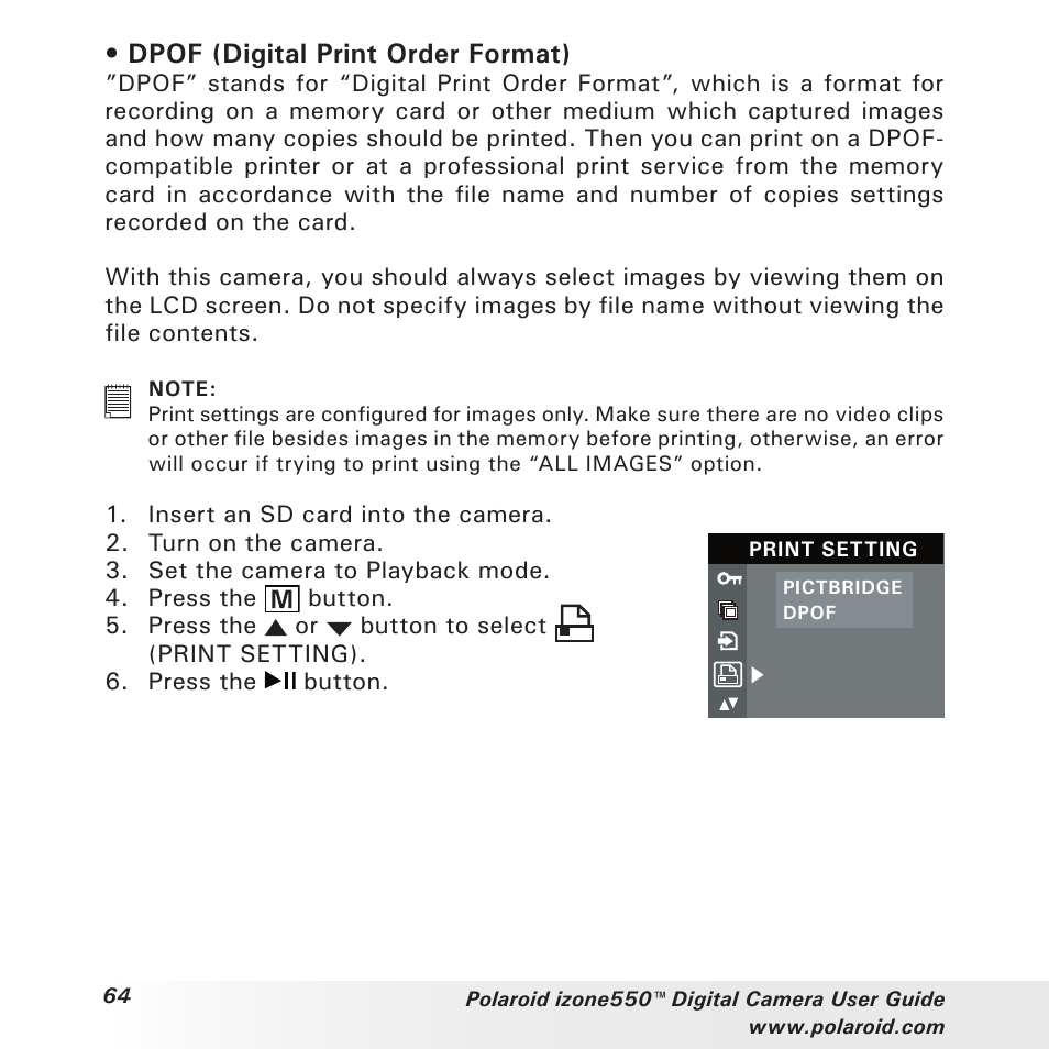 Dpof (digital print order format) | Polaroid izone550 User Manual | Page 64 / 95