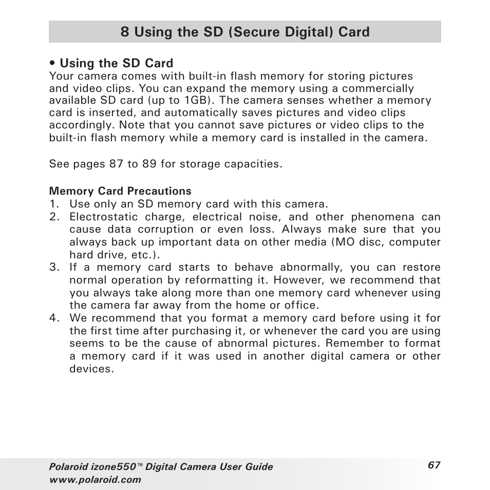 8 using the sd (secure digital) card | Polaroid izone550 User Manual | Page 67 / 95