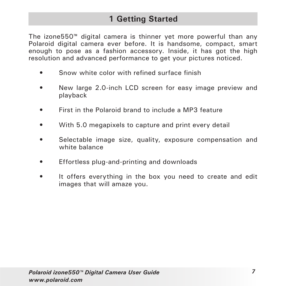 1 getting started | Polaroid izone550 User Manual | Page 7 / 95