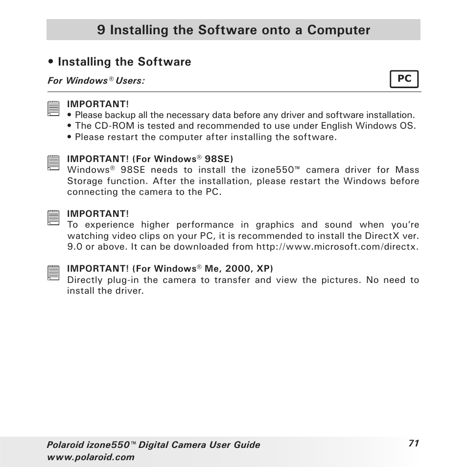 9 installing the software onto a computer, Installing the software | Polaroid izone550 User Manual | Page 71 / 95