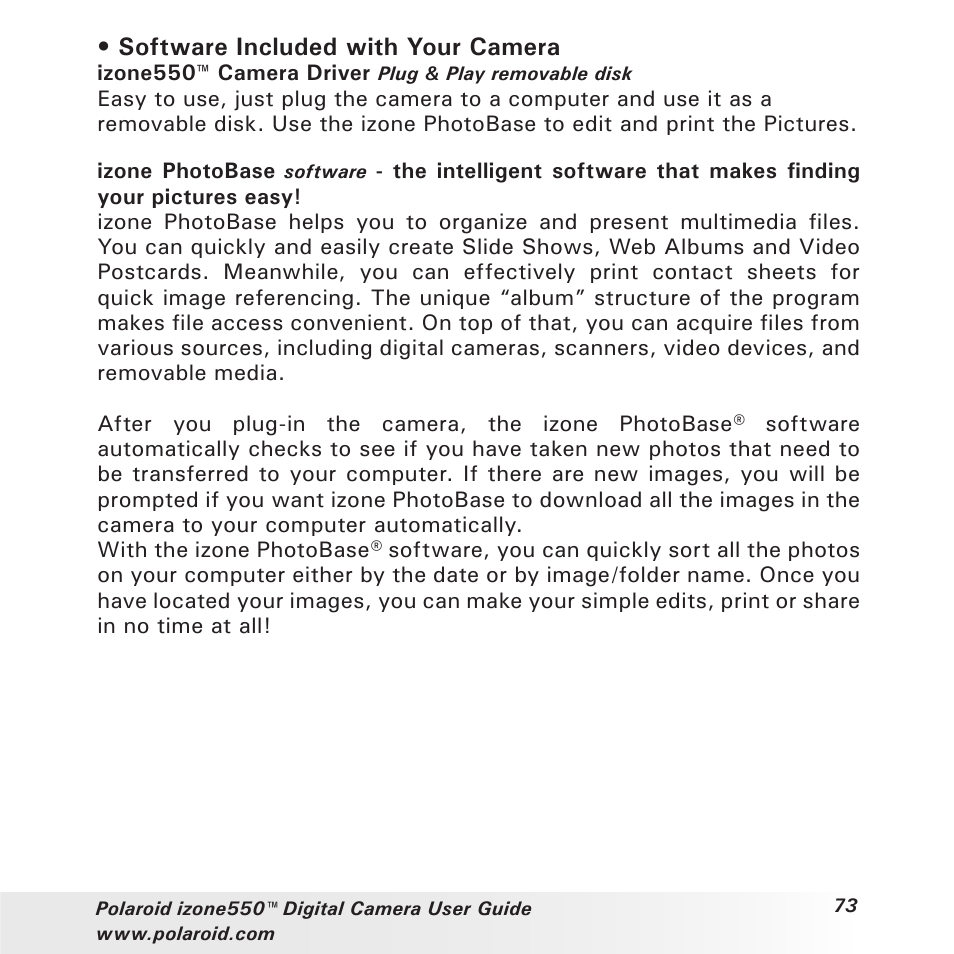 Software included with your camera | Polaroid izone550 User Manual | Page 73 / 95