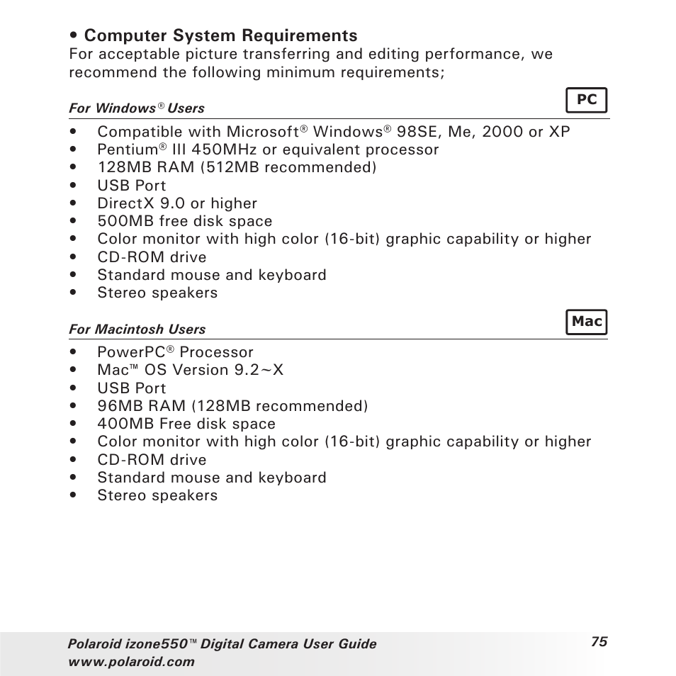 Computer system requirements | Polaroid izone550 User Manual | Page 75 / 95