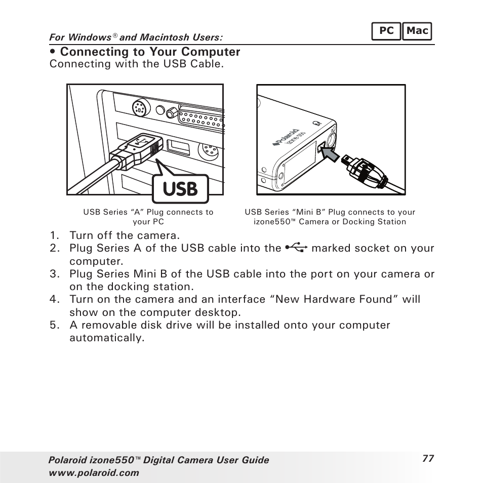 Connecting to your computer | Polaroid izone550 User Manual | Page 77 / 95