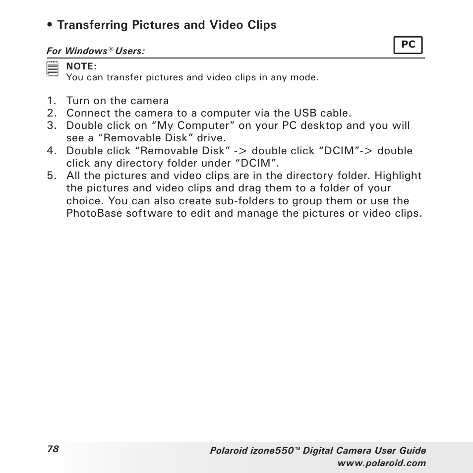 Transferring pictures and video clips | Polaroid izone550 User Manual | Page 78 / 95