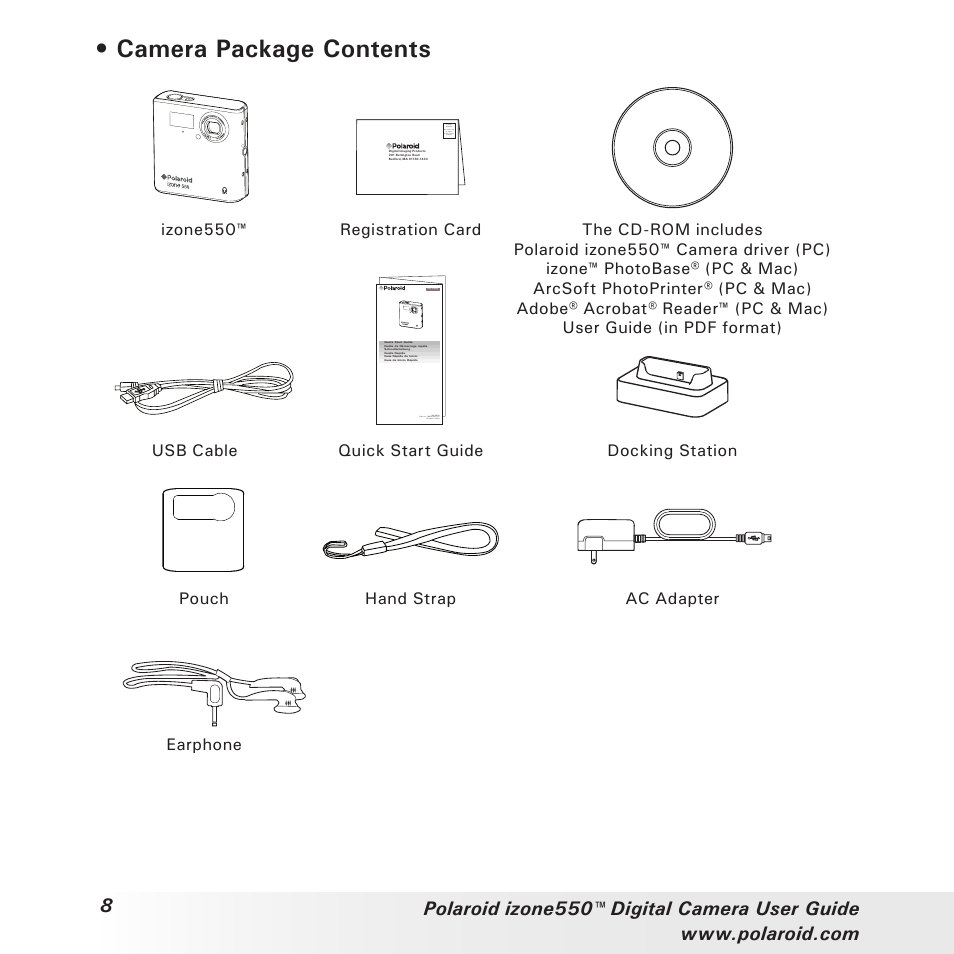 Camera package contents | Polaroid izone550 User Manual | Page 8 / 95