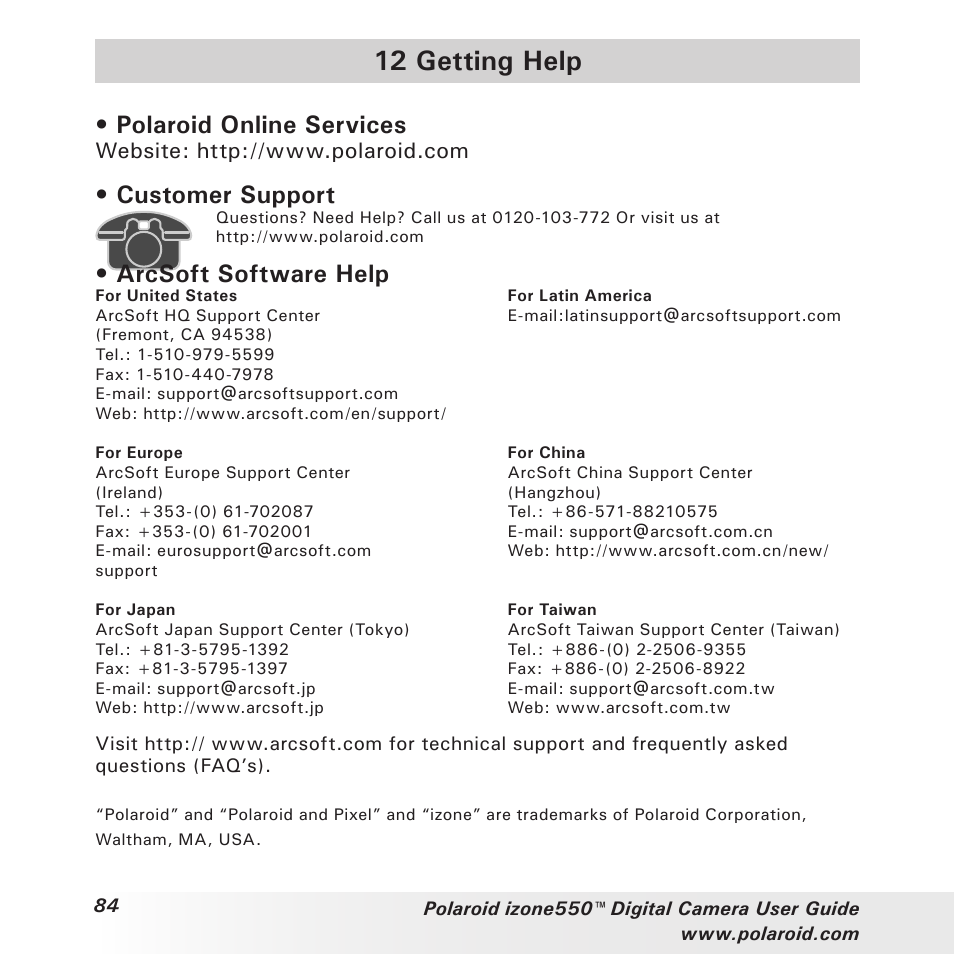 12 getting help, Polaroid online services, Customer support | Arcsoft software help | Polaroid izone550 User Manual | Page 84 / 95