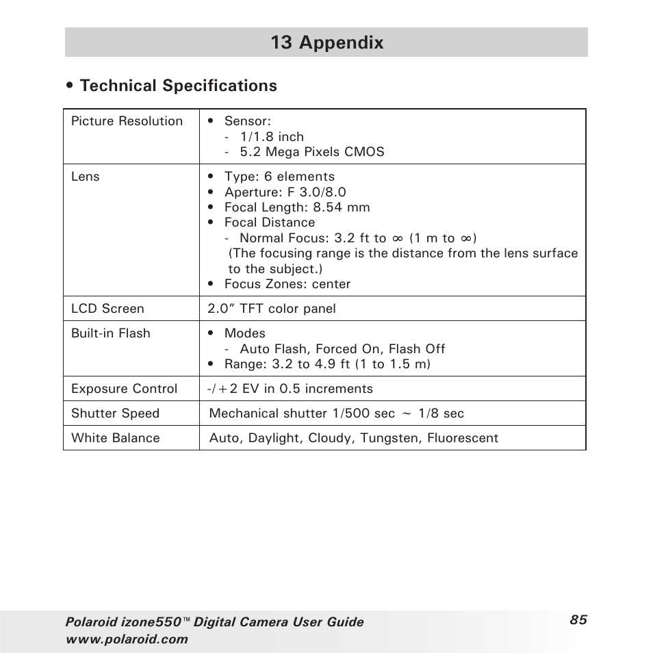 13 appendix, Technical specifications | Polaroid izone550 User Manual | Page 85 / 95