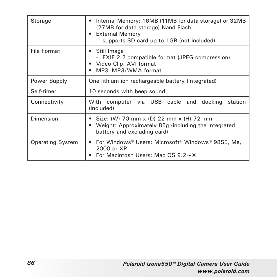 Polaroid izone550 User Manual | Page 86 / 95