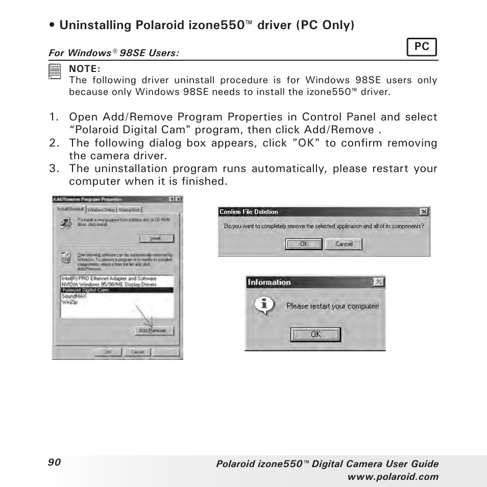 Uninstalling polaroid izone550™ driver (pc only) | Polaroid izone550 User Manual | Page 90 / 95