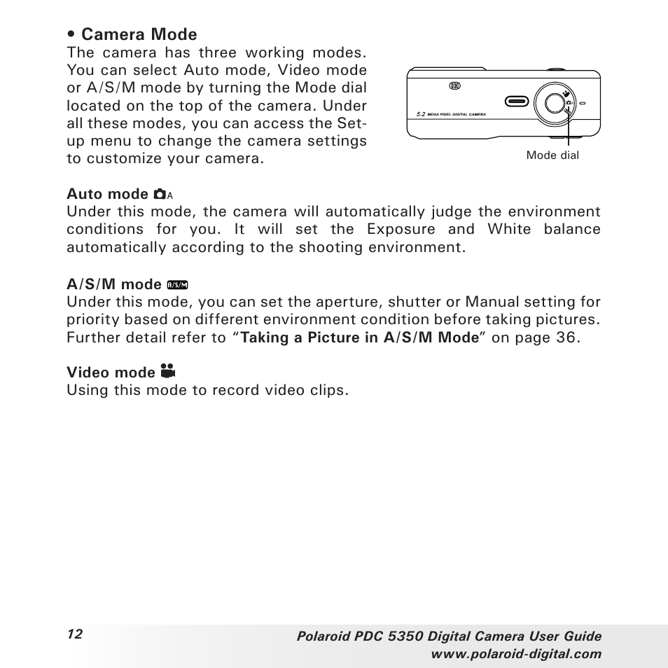Camera mode | Polaroid PDC 5350 User Manual | Page 12 / 81