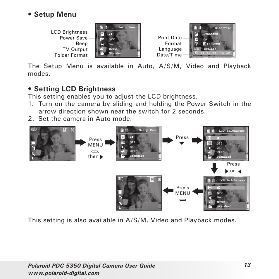 Setup menu, Setting lcd brightness | Polaroid PDC 5350 User Manual | Page 13 / 81