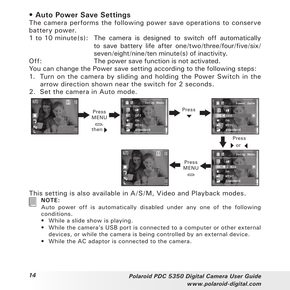 Auto power save settings | Polaroid PDC 5350 User Manual | Page 14 / 81