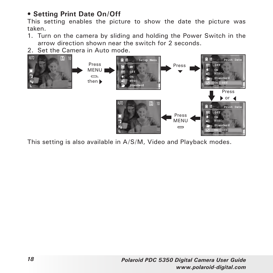 Setting print date on/off | Polaroid PDC 5350 User Manual | Page 18 / 81